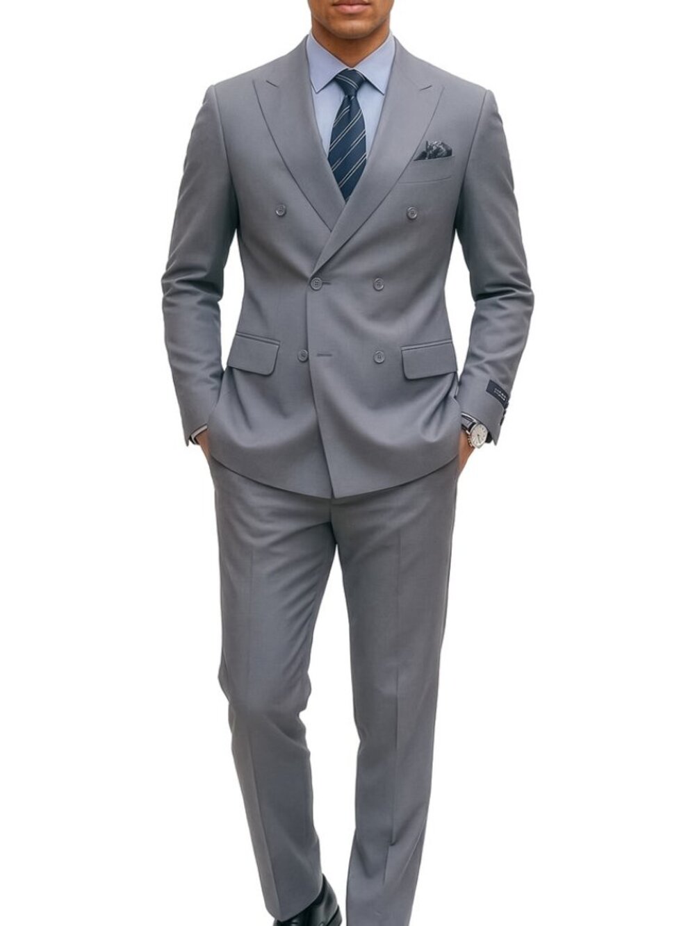 Solid Mid Grey Double Breasted 2 Piece Tailored Fit Azzuro Men's Suit